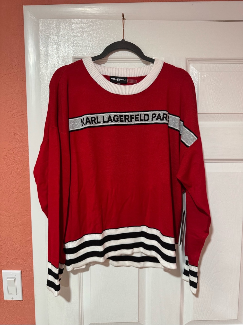 Karl Lagerfeld Red Crewneck Sweater with White & Black Trim